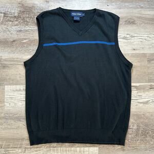 Polo Golf Ralph Lauren Knit Sweater Vest Black Blue Stripe Cotton V Neck L